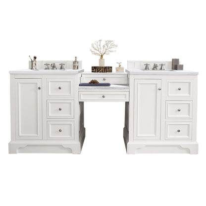 De Soto 82" Double Vanity Set, Bright White w/ Makeup Table, 3 CM Arctic Fall Solid Surface Top James Martin Vanities