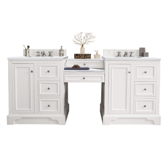 De Soto 82" Double Vanity Set, Bright White w/ Makeup Table, 3 CM Arctic Fall Solid Surface Top James Martin Vanities