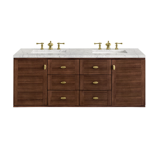 Amberly 60" Double Vanity, Mid-Century Walnut w/ 3CM Eternal Jasmine Pearl Top James Martin Vanities