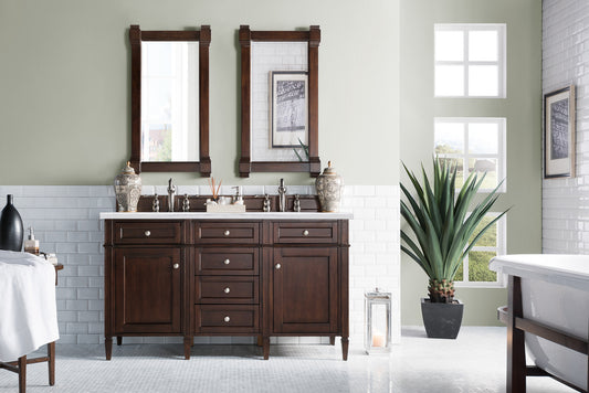Brittany 60" Burnished Mahogany Double Vanity w/ 3 CM Arctic Fall Solid Surface Top James Martin Vanities