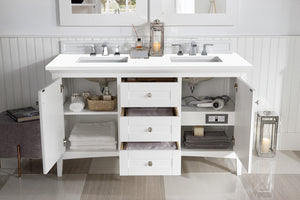 Palisades 60" Double Vanity, Bright White, w/ 3 CM White Zeus Quartz Top James Martin Vanities