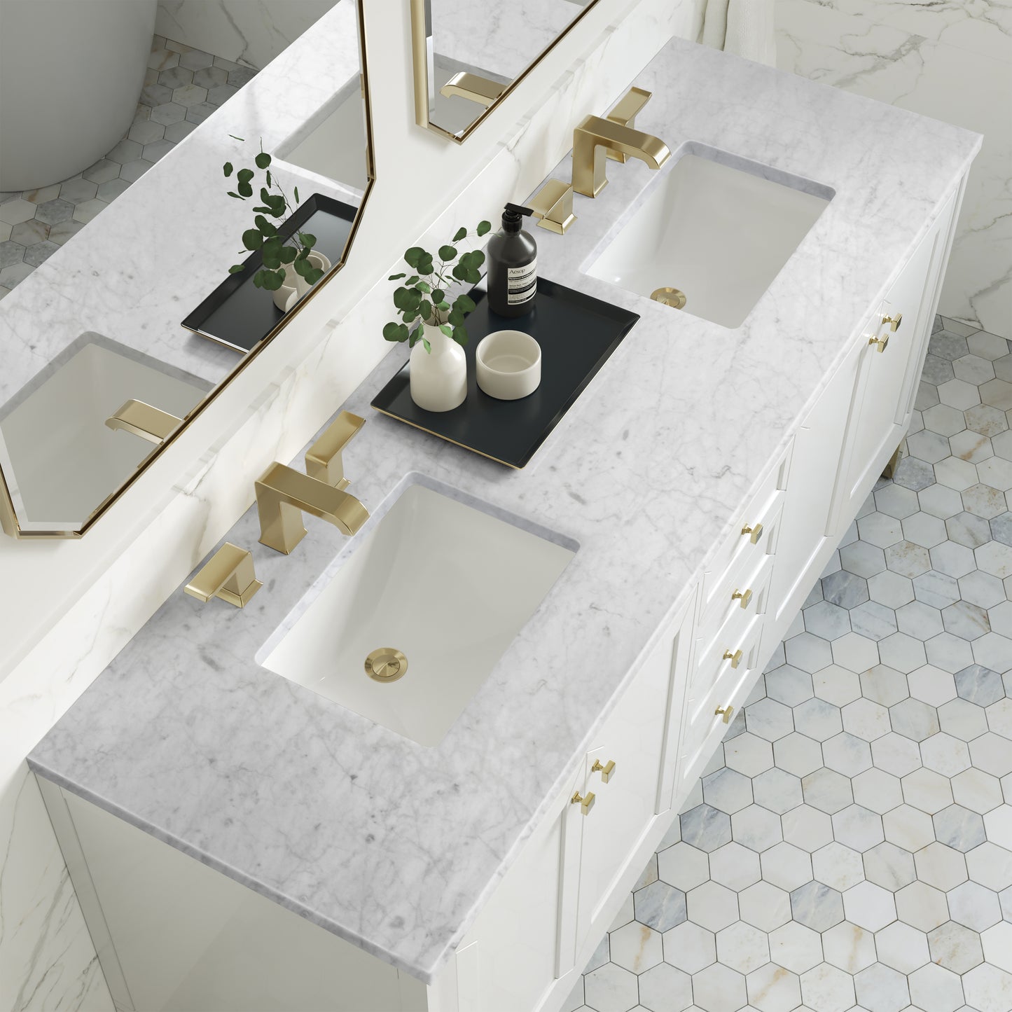 Chicago 72" Double Vanity, Glossy White w/ 3CM Carrara Marble Top James Martin Vanities