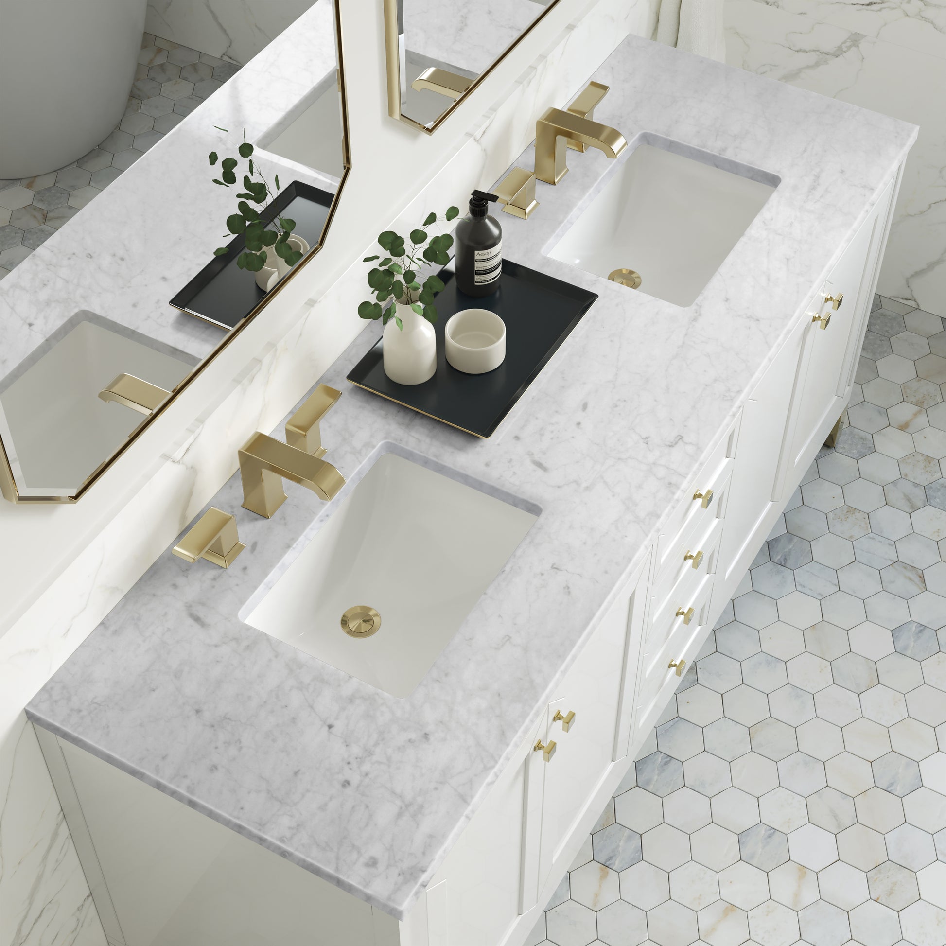 Chicago 72" Double Vanity, Glossy White w/ 3CM Carrara Marble Top James Martin Vanities
