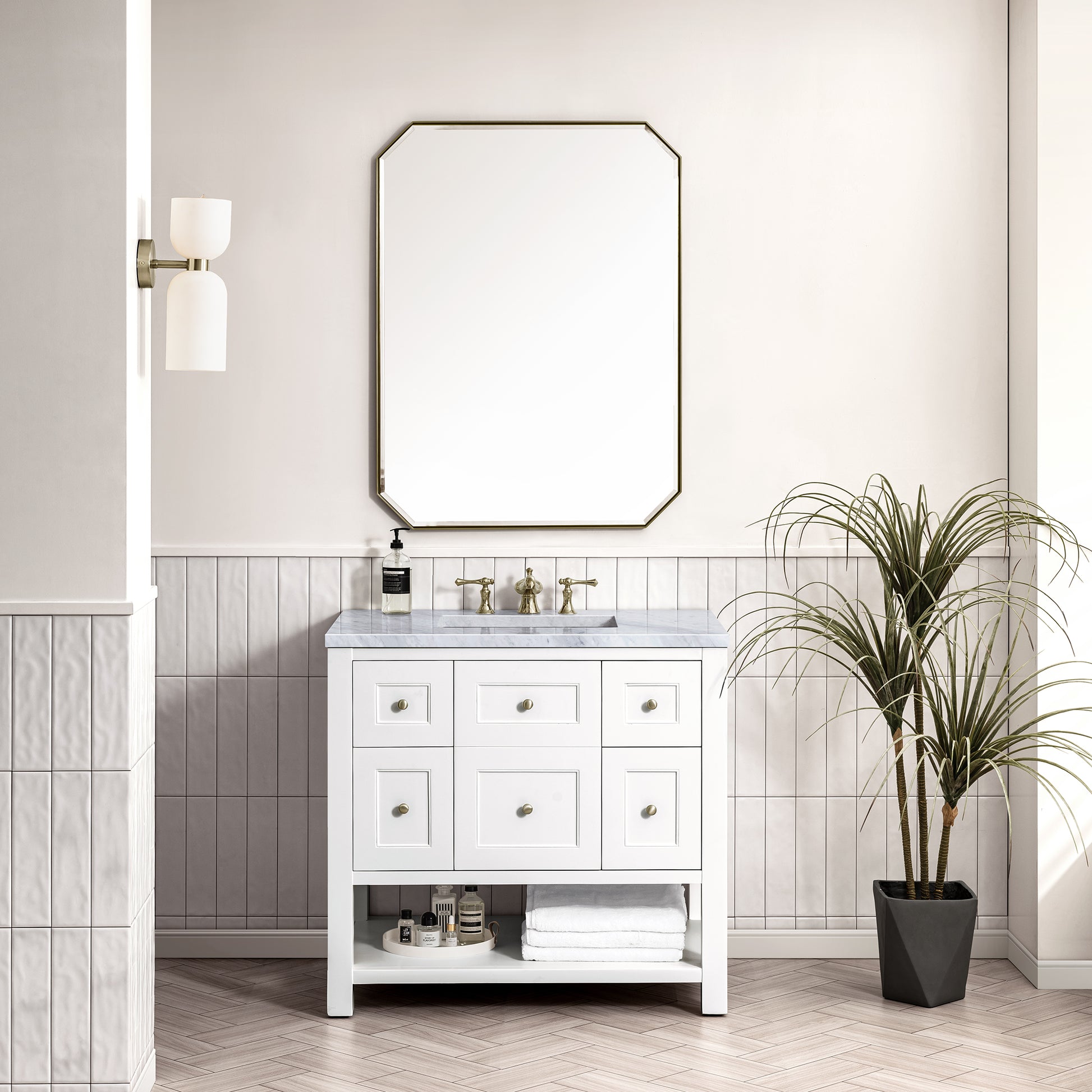 Breckenridge 36" Single Vanity, Bright White w/ 3CM Carrara Marble Top James Martin Vanities
