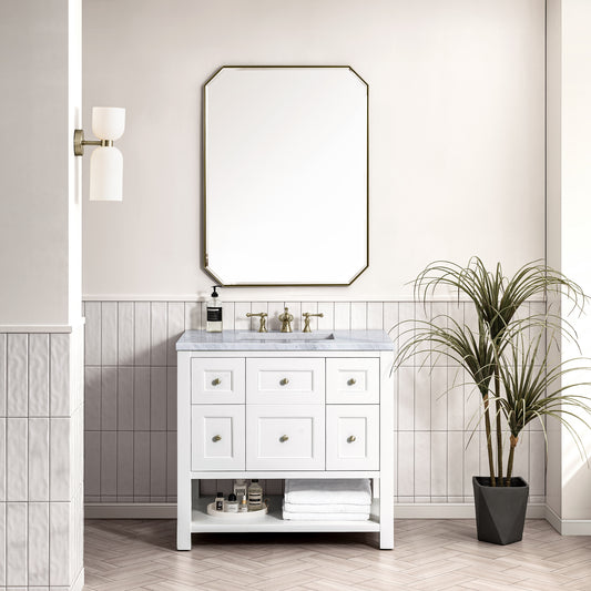 Breckenridge 36" Single Vanity, Bright White w/ 3CM Carrara Marble Top James Martin Vanities