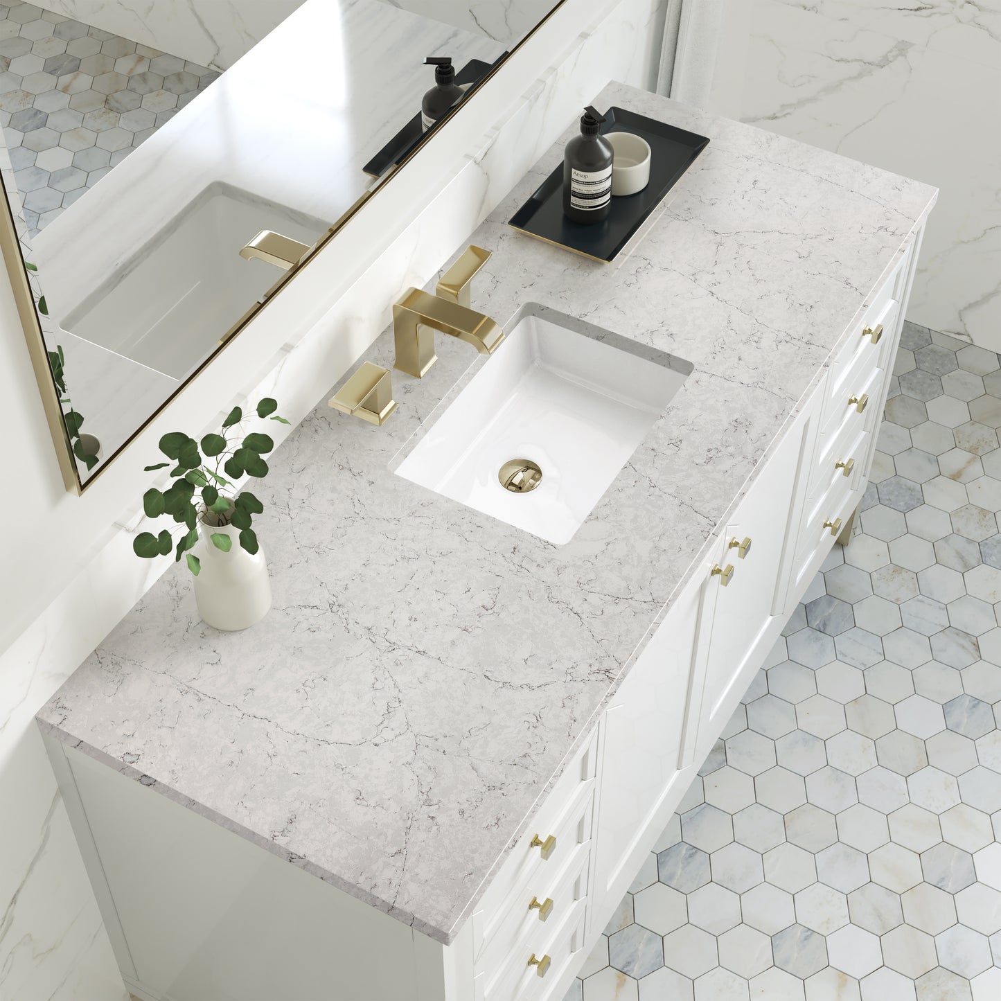 Chicago 60" Single Vanity, Glossy White w/ 3CM Eternal Jasmine Pearl Top James Martin Vanities