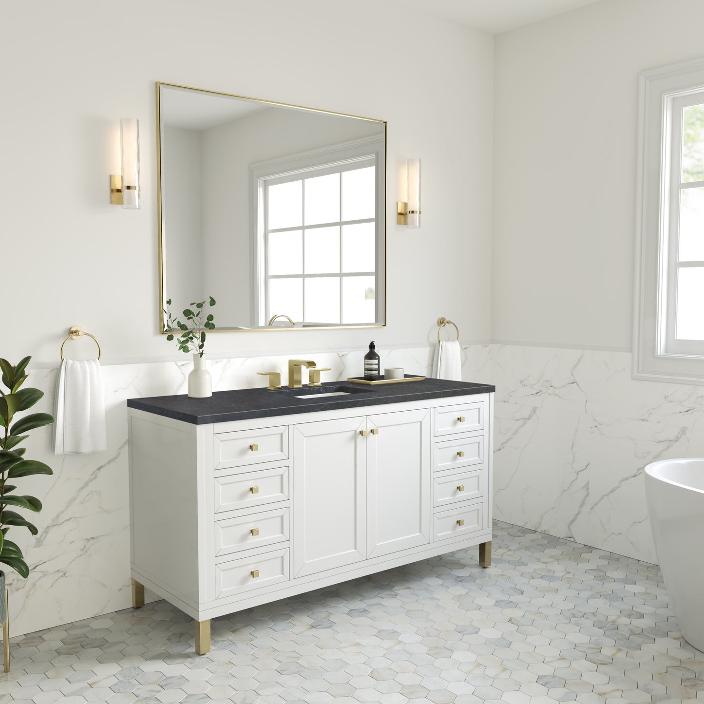 Chicago 60" Single Vanity, Glossy White w/ 3CM Charcoal Soapstone Top James Martin Vanities