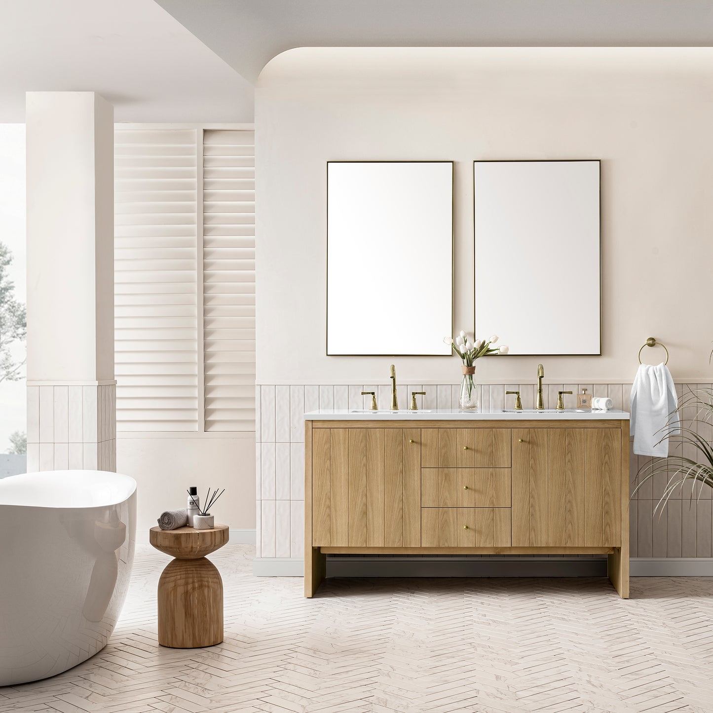 Hudson 60" Double Vanity, Light Natural Oak w/ 3CM White Zeus Top James Martin Vanities