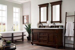 Brookfield 60" Double Vanity, Burnished Mahogany w/ 3 CM Eternal Jasmine Pearl Quartz Top James Martin Vanities