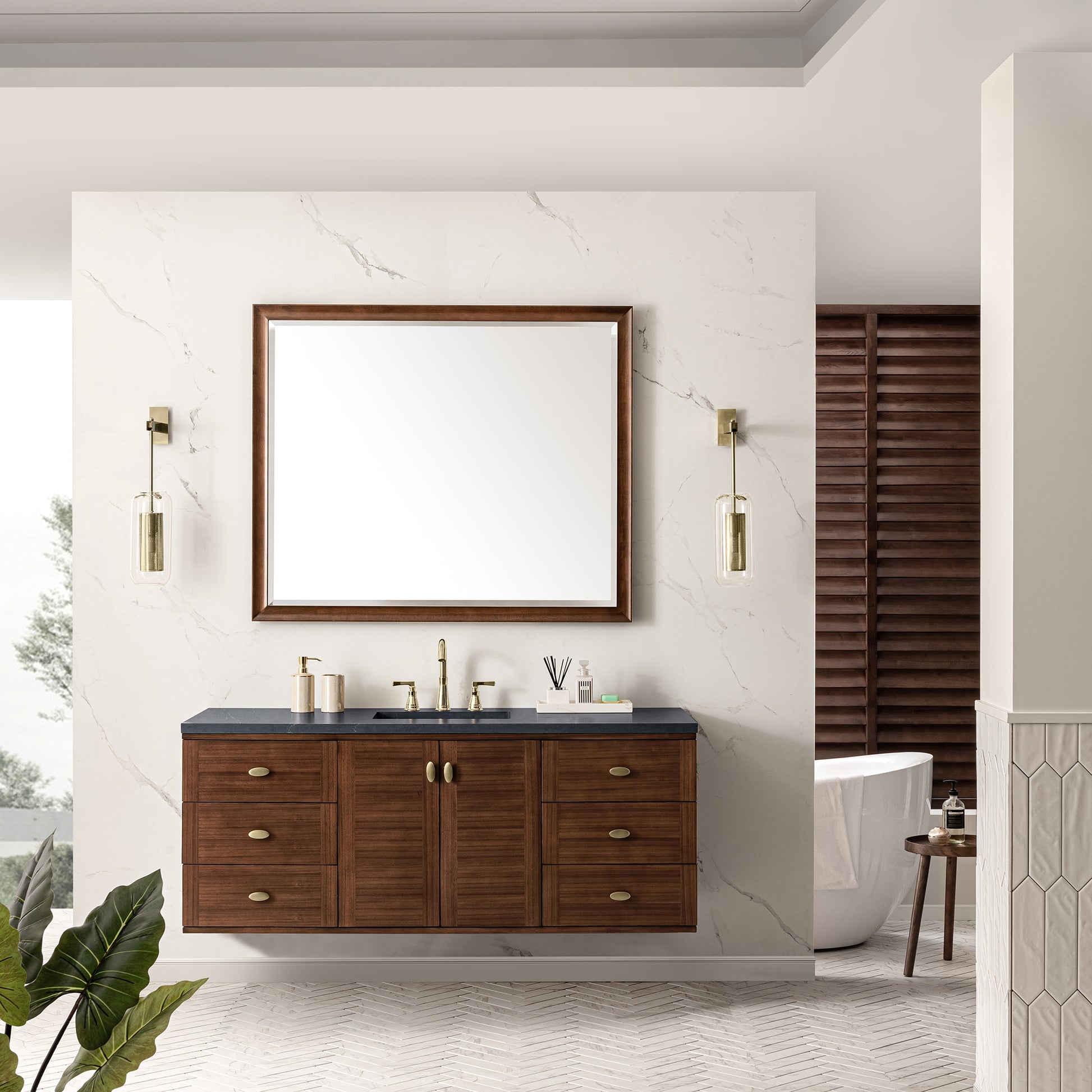 Amberly 60" Single Vanity, Mid-Century Walnut w/ 3CM Charcoal Soapstone Top James Martin Vanities