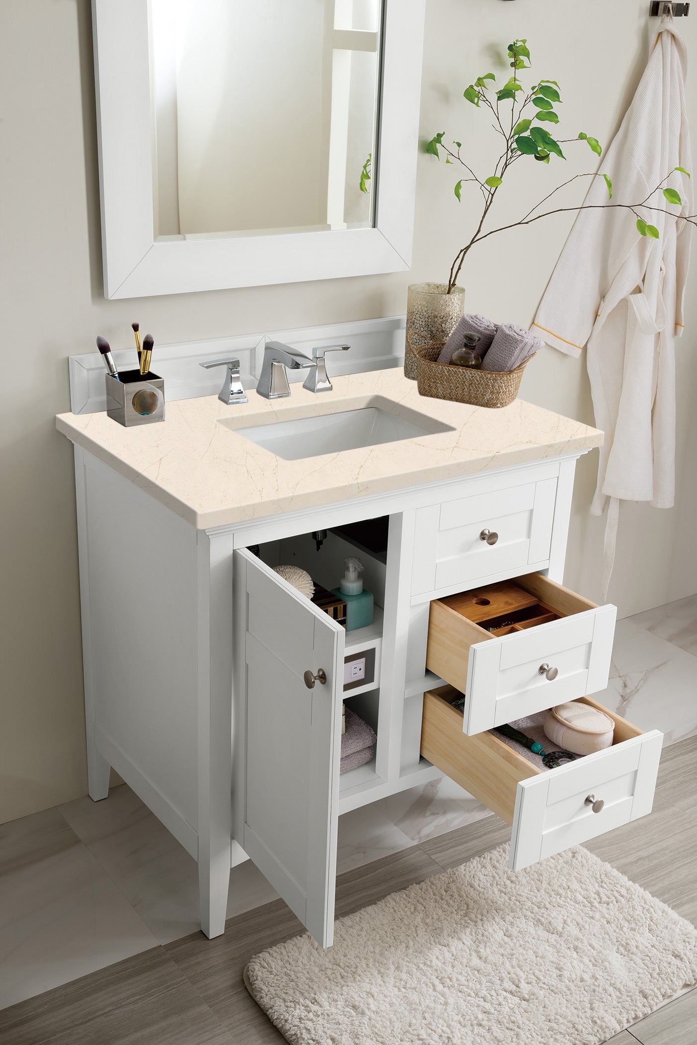 Palisades 36" Single Vanity, Bright White, w/ 3 CM Eternal Marfil Quartz Top James Martin Vanities