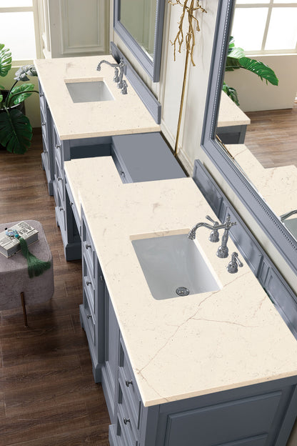 De Soto 118" Double Vanity Set, Silver Gray w/ Makeup Table, 3 CM Eternal Marfil Quartz Top James Martin