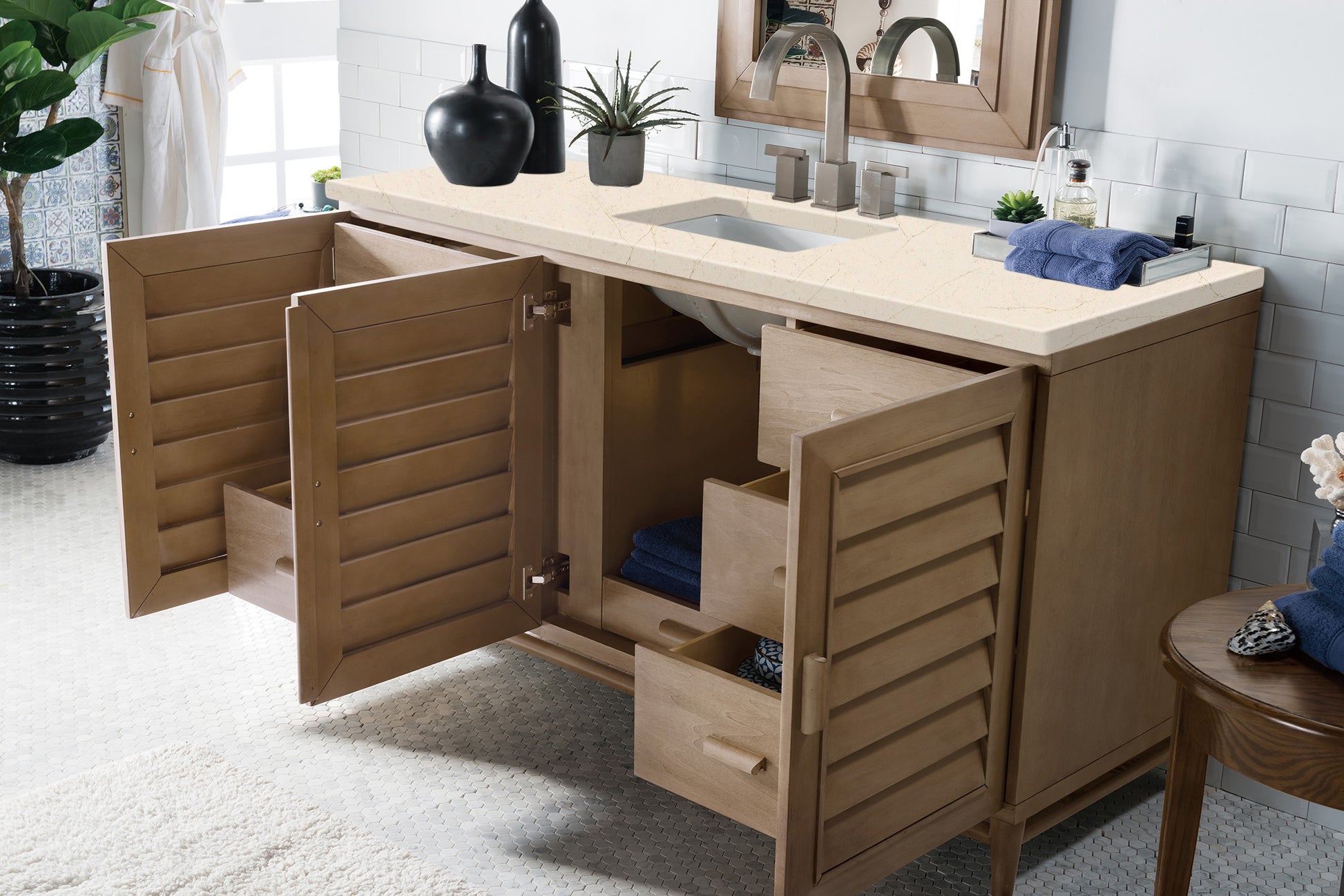 Portland 60" Single Vanity Whitewashed Walnut, w/ 3 CM Eternal Marfil Quartz Top James Martin Vanities