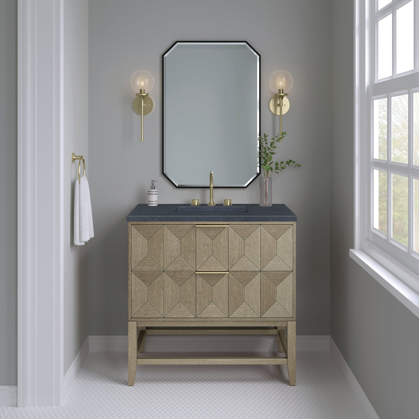 Emmeline 36" Single Vanity, Pebble Oak w/ 3CM Charcoal Soapstone Top James Martin Vanities