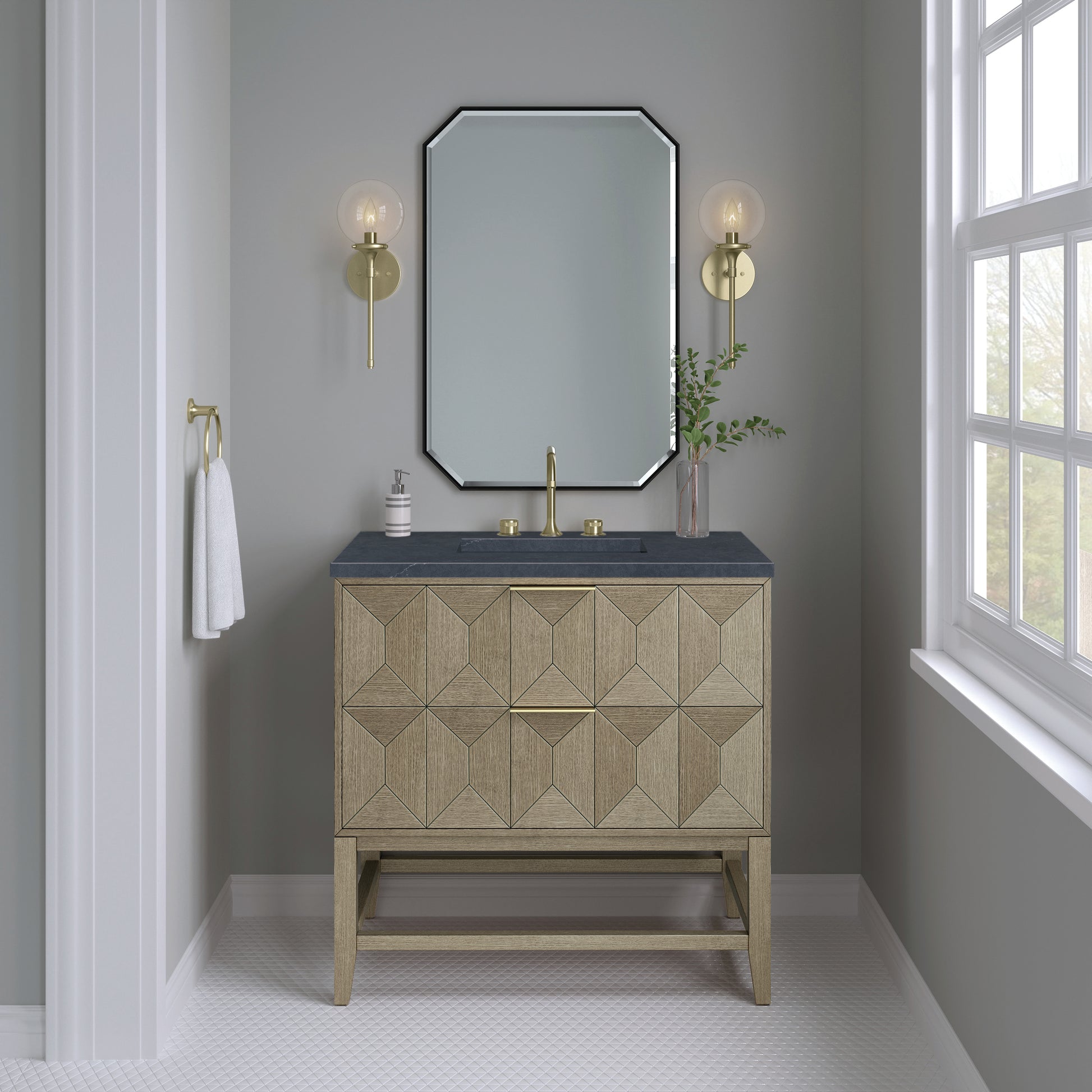 Emmeline 36" Single Vanity, Pebble Oak w/ 3CM Charcoal Soapstone Top James Martin Vanities