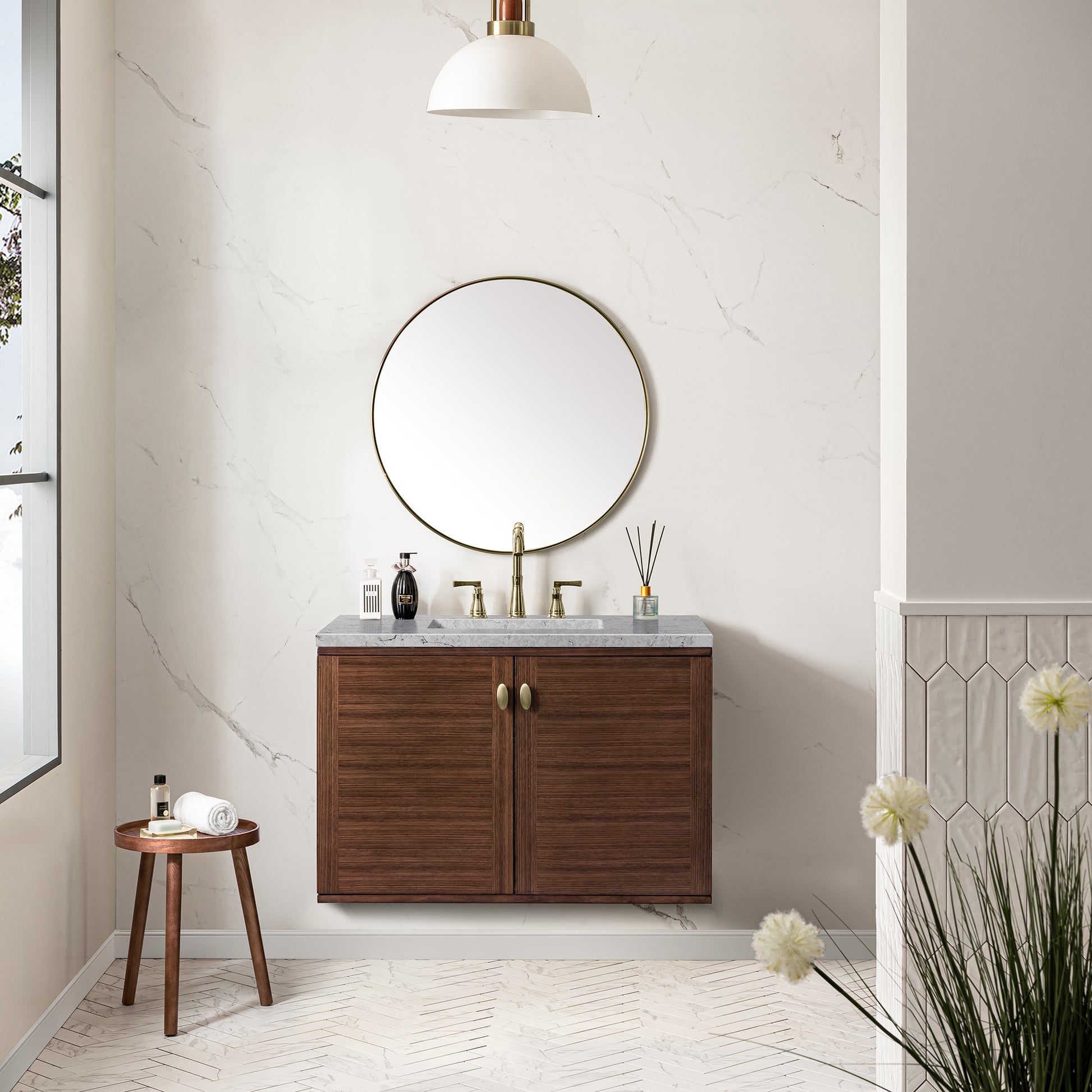 Amberly 36" Single Vanity, Mid-Century Walnut w/ 3CM Eternal Jasmine Pearl Top James Martin Vanities