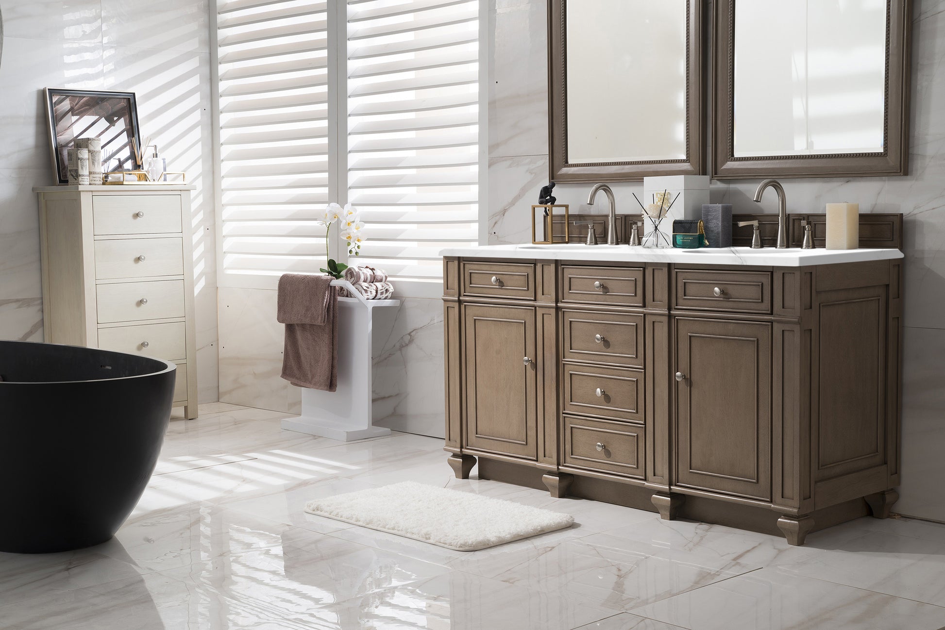 Bristol 60" Double Vanity, Whitewashed Walnut, w/ 3 CM Carrara Marble Top James Martin Vanities