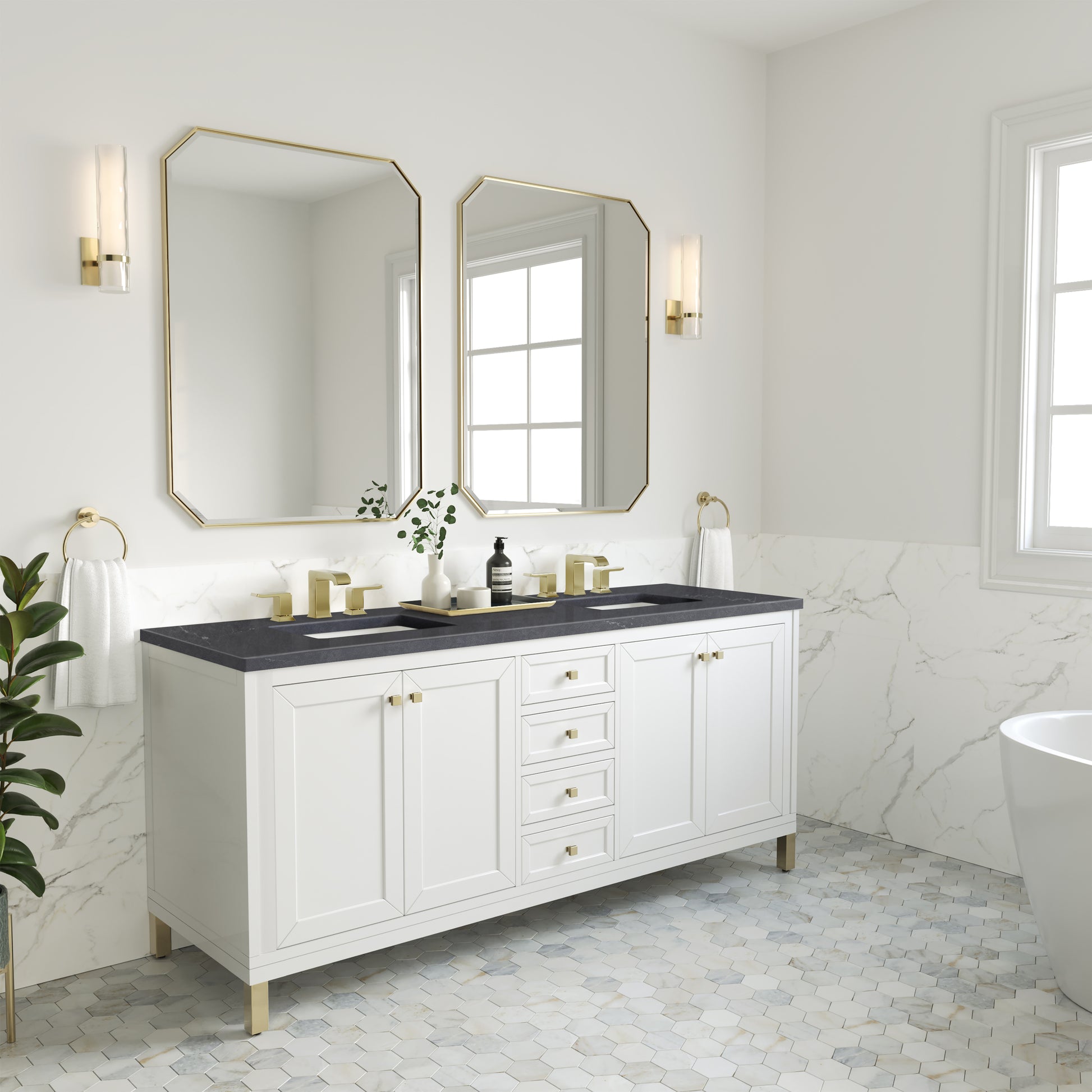 Chicago 72" Double Vanity, Glossy White w/ 3CM Charcoal Soapstone Top James Martin Vanities