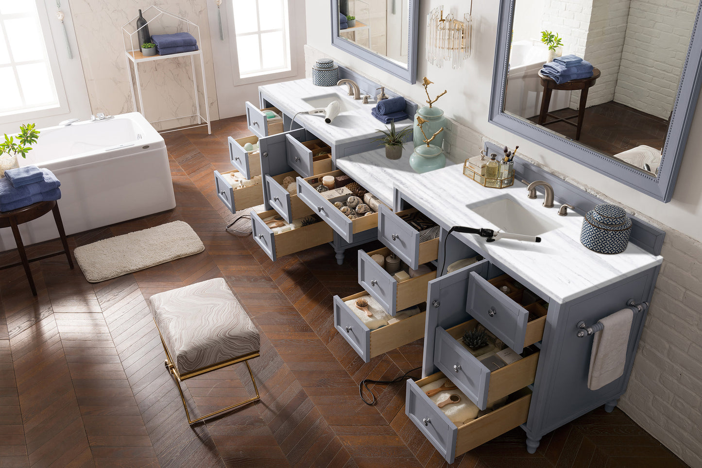 Copper Cove Encore 122" Double Vanity Set, Silver Gray w/ Makeup Table, 3 CM Arctic Fall Solid Surface Top James Martin Vanities