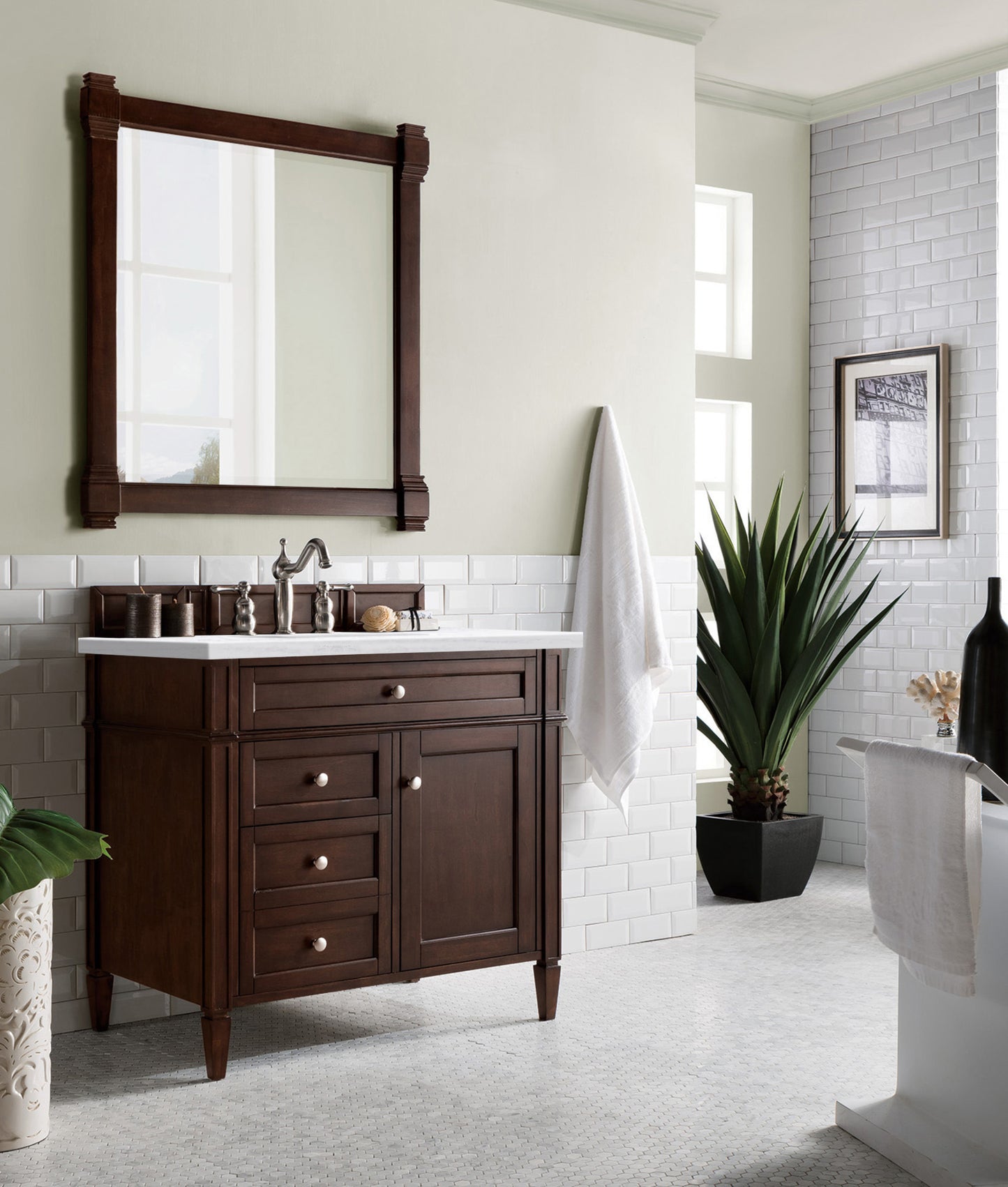 Brittany 36" Burnished Mahogany Single Vanity w/ 3 CM Arctic Fall Solid Surface Top James Martin Vanities