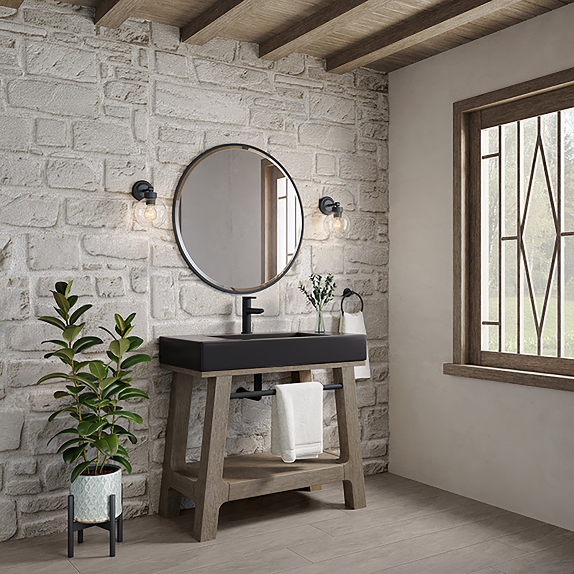 Auburn 36" Sink Console, Weathered Timber w/ Black Matte Mineral Composite Top James Martin Vanities