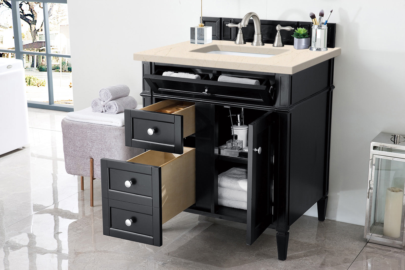 Brittany 30" Single Vanity, Black Onyx, w/ 3 CM Eternal Marfil Quartz Top James Martin Vanities