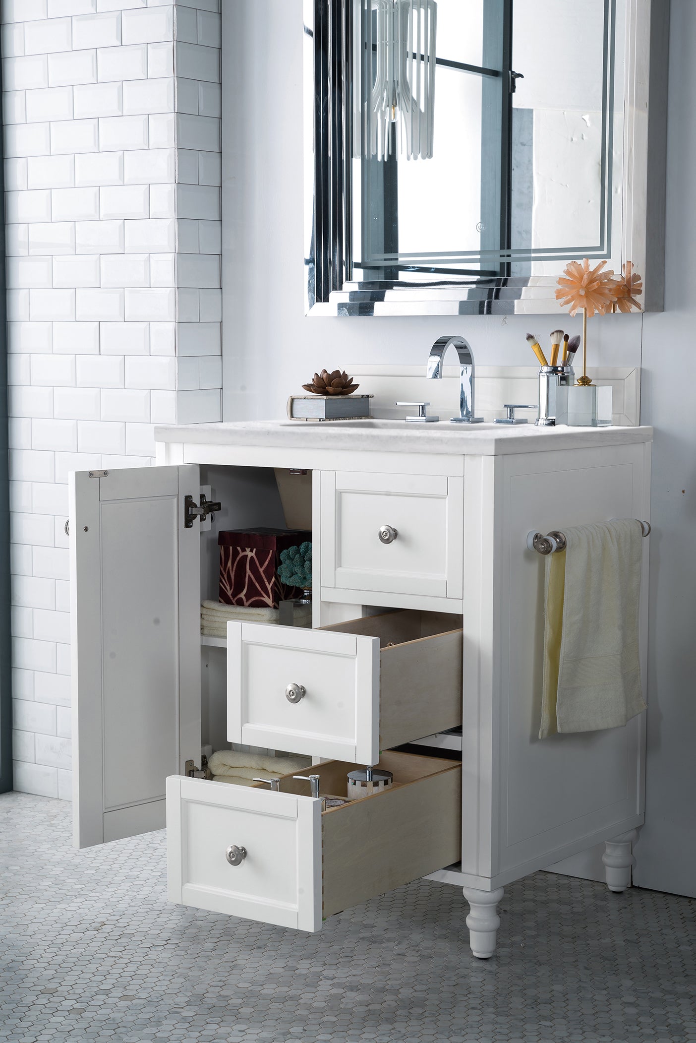 Copper Cove Encore 30" Single Vanity, Bright White w/ 3 CM Arctic Fall Solid Surface Top James Martin Vanities