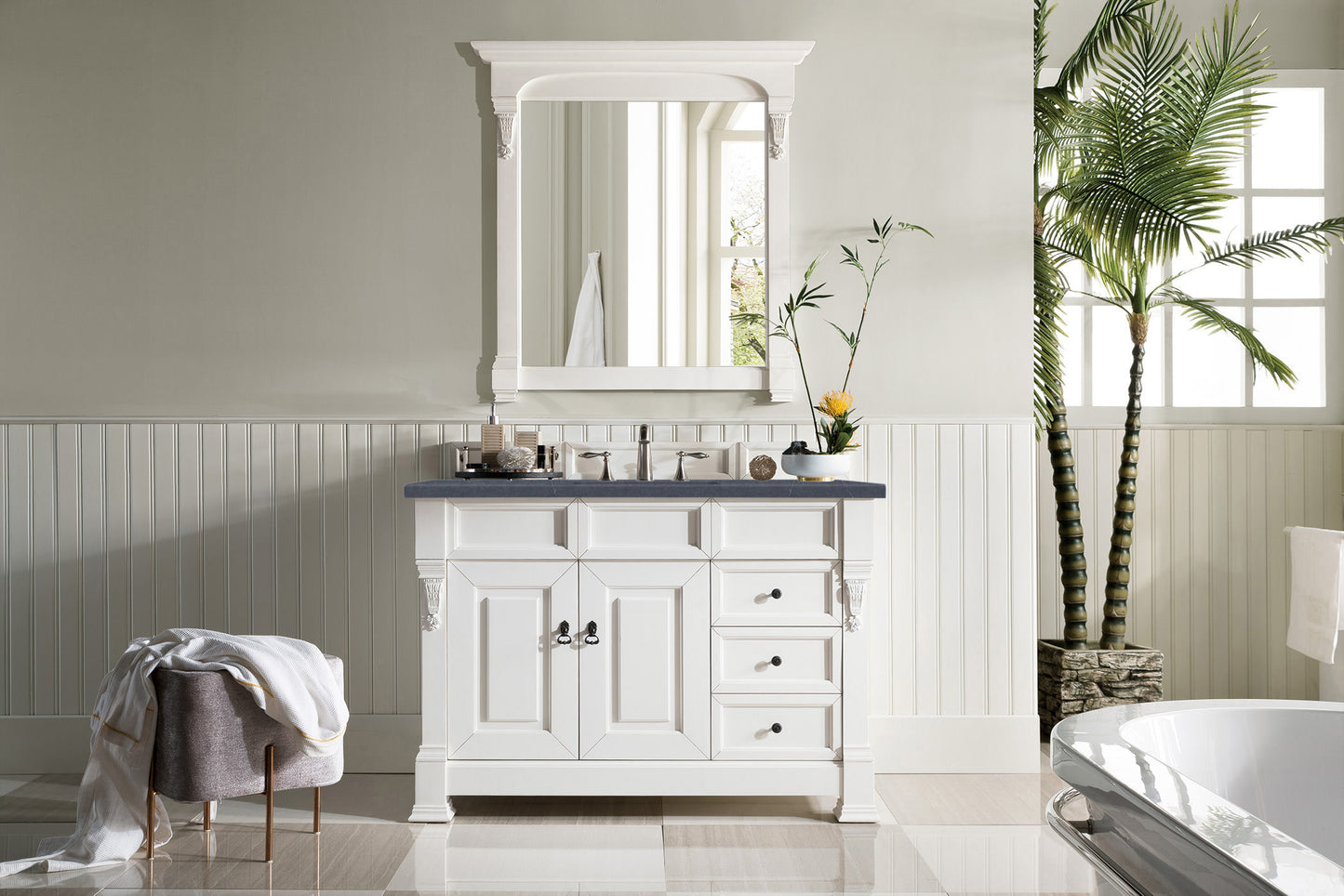 Brookfield 48" Single Vanity, Bright White w/ 3 CM Charcoal Soapstone Quartz Top James Martin Vanities