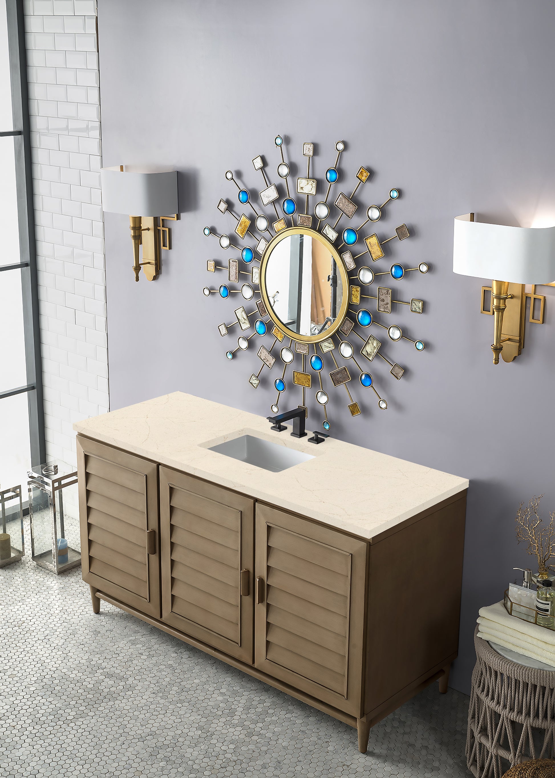 Portland 60" Single Vanity Whitewashed Walnut, w/ 3 CM Eternal Marfil Quartz Top James Martin Vanities