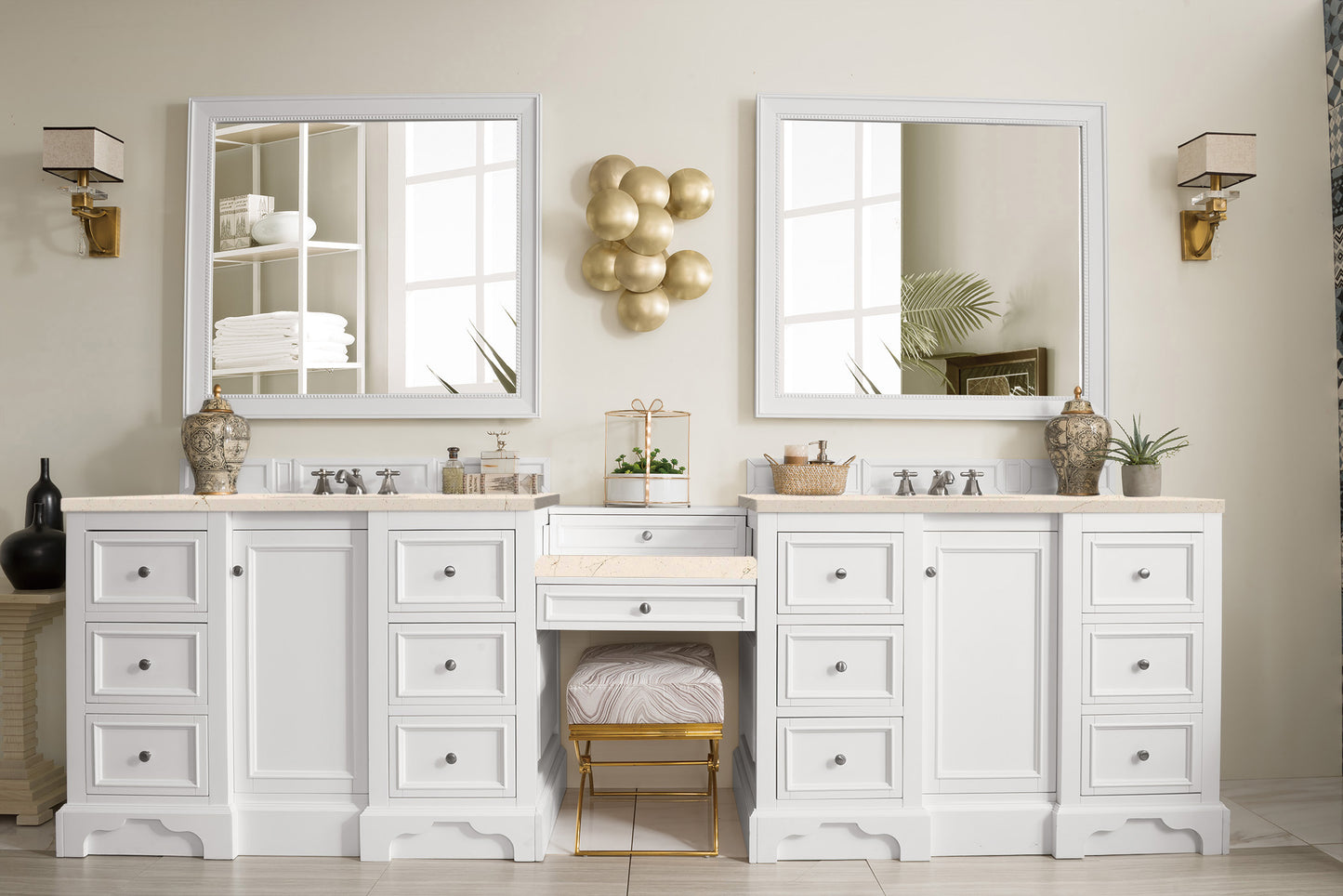 De Soto 118" Double Vanity Set, Bright White w/ Makeup Table, 3 CM Eternal Marfil Quartz Top James Martin