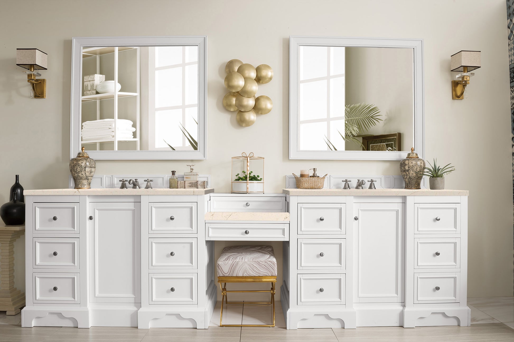 De Soto 118" Double Vanity Set, Bright White w/ Makeup Table, 3 CM Eternal Marfil Quartz Top James Martin