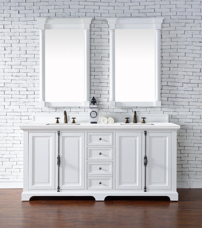 Providence 72" Bright White Double Vanity w/ 3 CM Arctic Fall Solid Surface Top James Martin