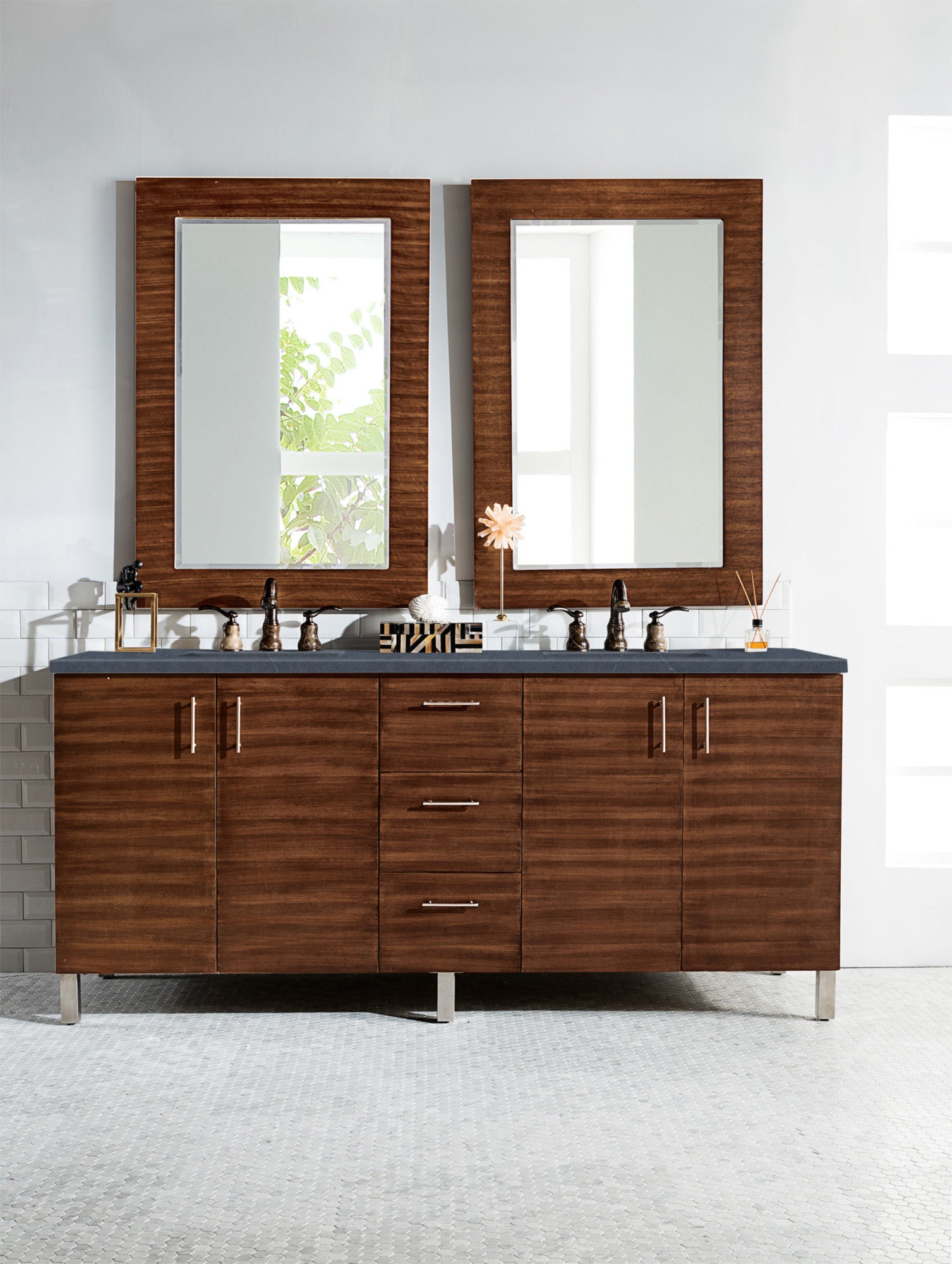 Metropolitan 72" Double Vanity, American Walnut, w/ 3 CM Charcoal Soapstone Quartz Top James Martin Vanities