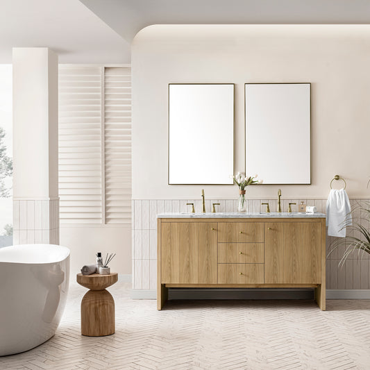 Hudson 60" Double Vanity, Light Natural Oak w/ 3CM Carrara Marble Top James Martin Vanities