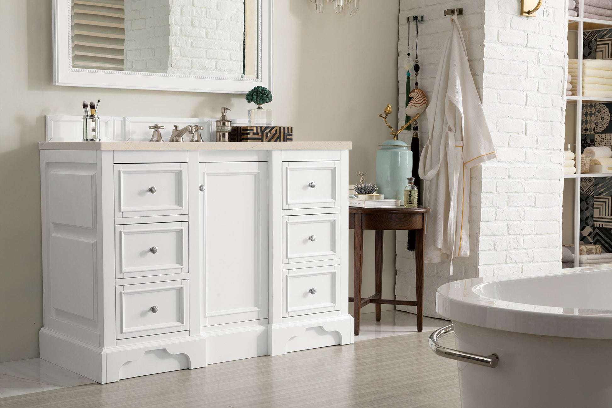 De Soto 48" Single Vanity, Bright White w/ 3 CM Eternal Marfil Quartz Top James Martin Vanities