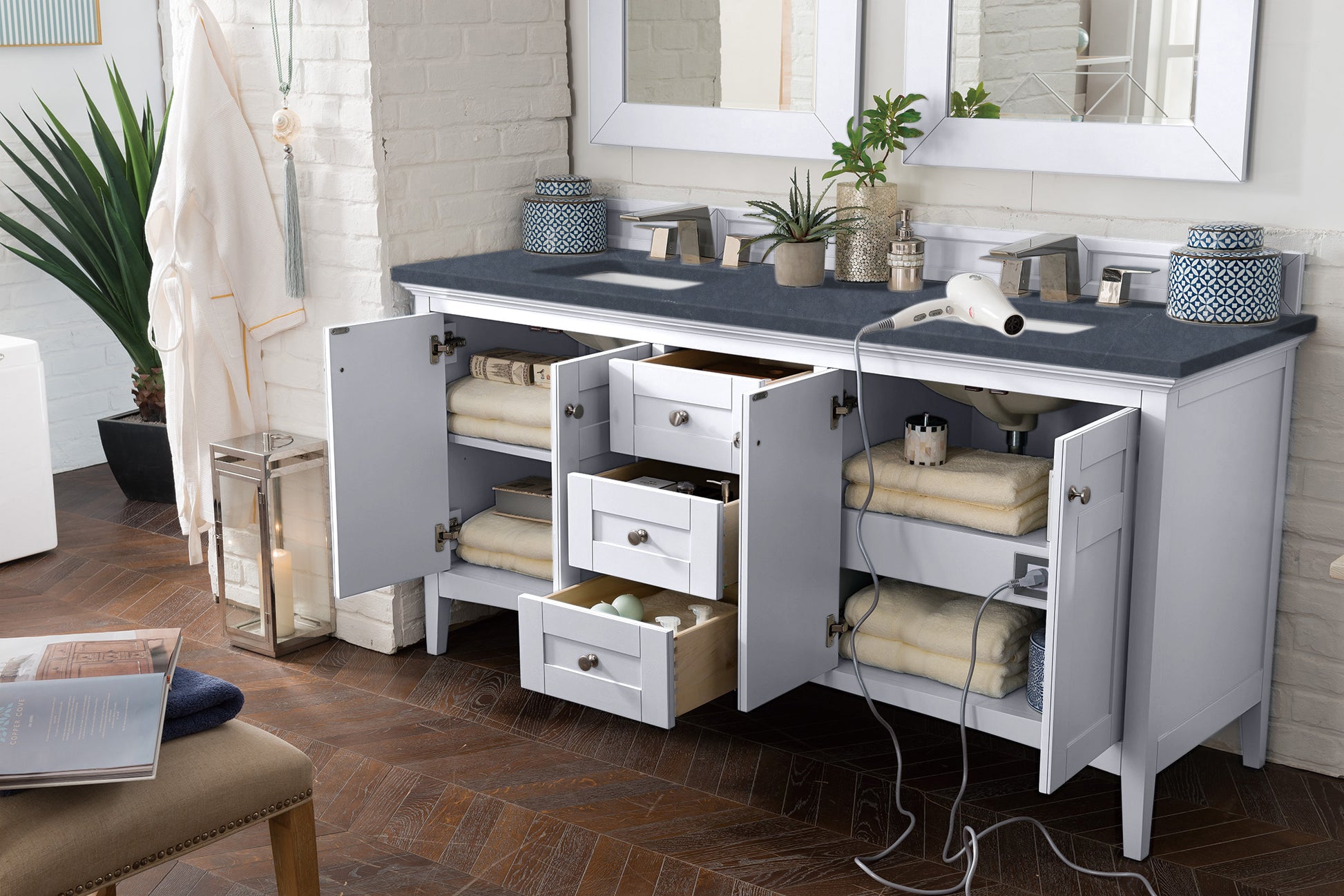 Bathroom Vanities Outlet Atlanta Renovate for LessPalisades 72" Double Vanity, Bright White, w/ 3 CM Charcoal Soapstone Quartz Top