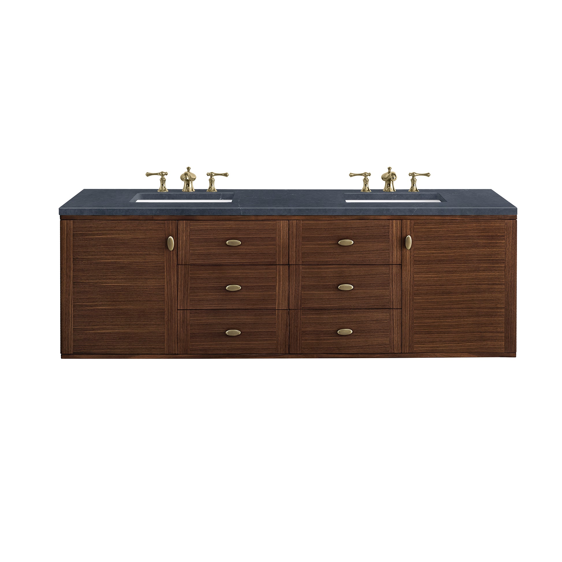 Amberly 72" Double Vanity, Mid-Century Walnut w/ 3CM Charcoal Soapstone Top James Martin Vanities