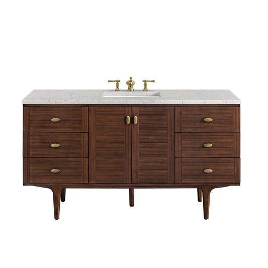 Amberly 60" Single Vanity, Mid-Century Walnut w/ 3CM Eternal Jasmine Pearl Top James Martin Vanities