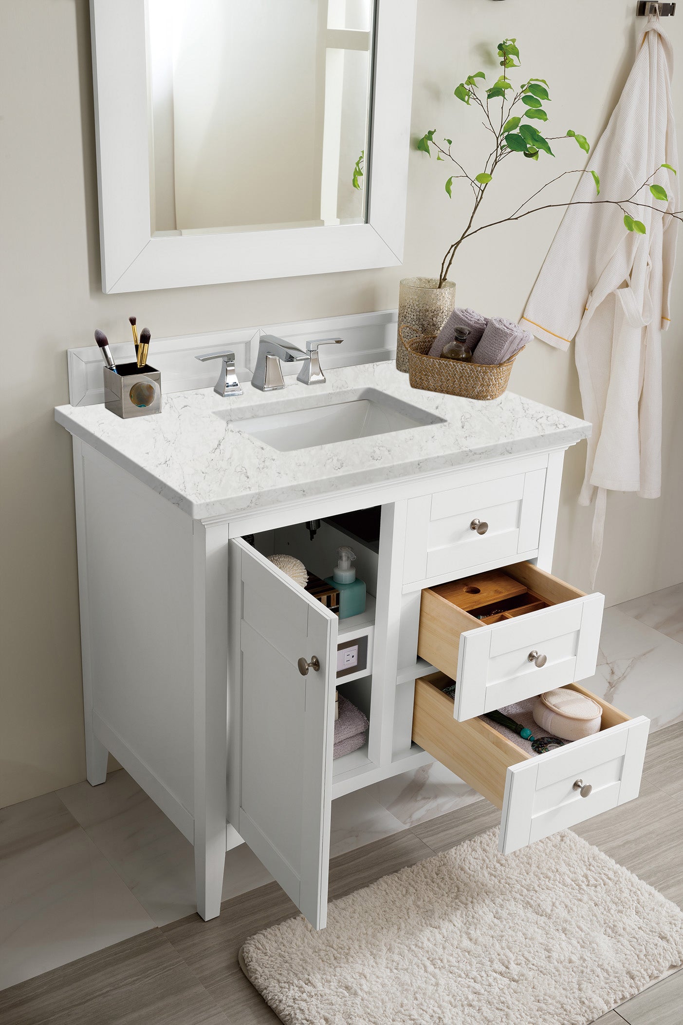 Palisades 36" Single Vanity, Bright White, w/ 3 CM Eternal Jasmine Pearl Quartz Top James Martin Vanities