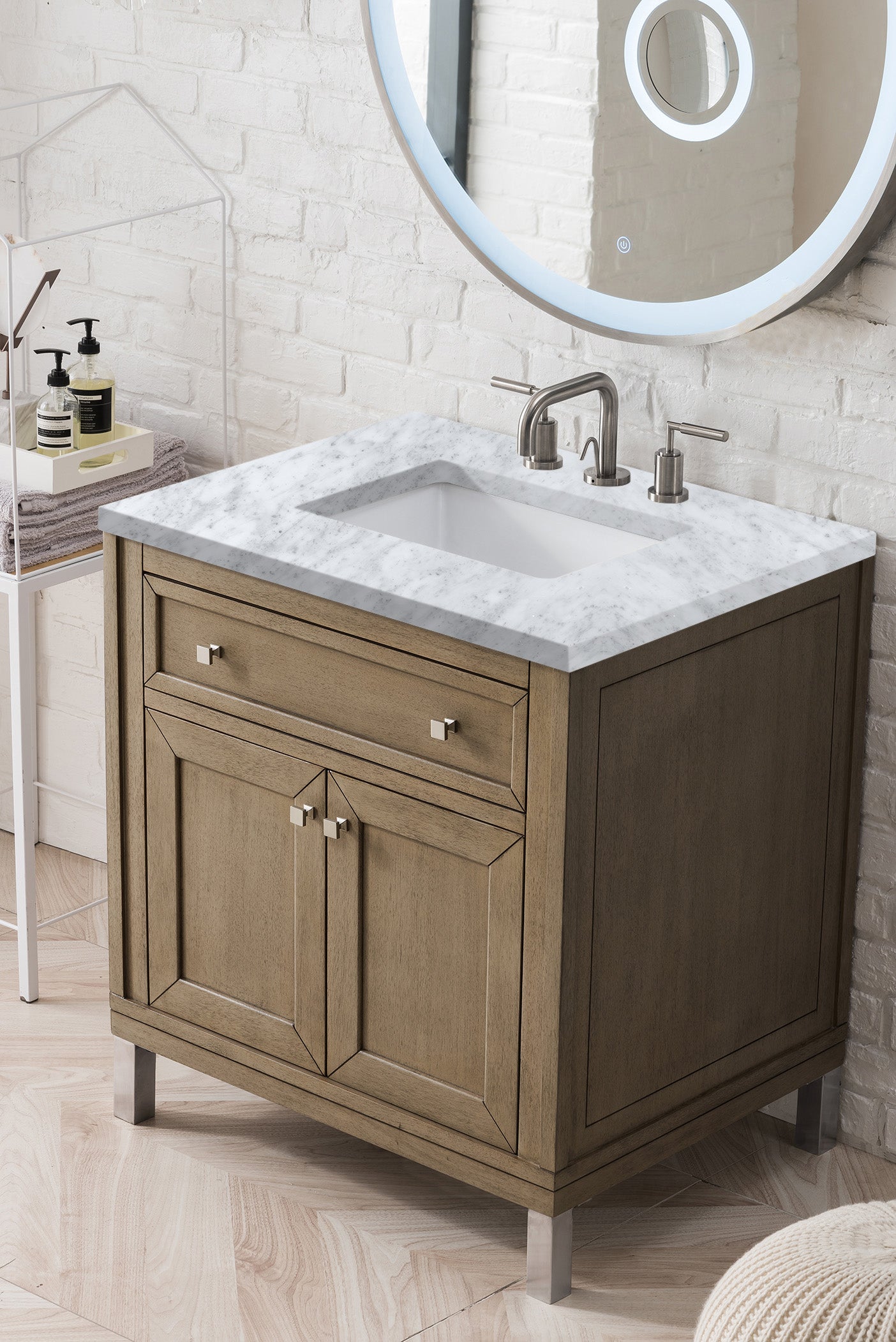 Chicago 30" Single Vanity, Whitewashed Walnut w/ 3 CM Carrara Marble Top James Martin Vanities