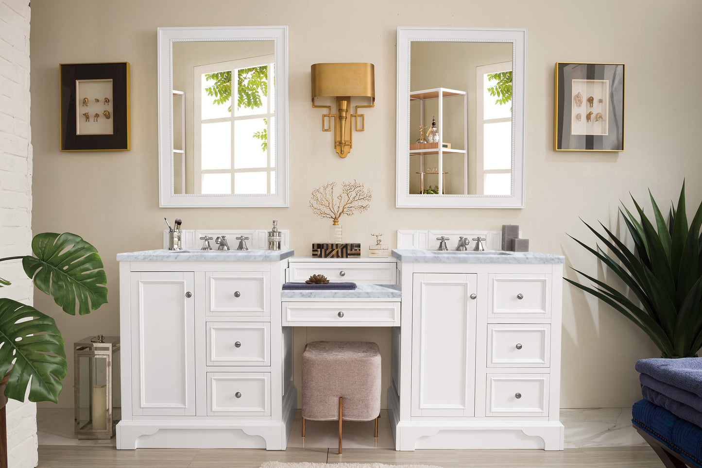 De Soto 82" Double Vanity Set, Bright White w/ Makeup Table, 3 CM Carrara Marble Top James Martin Vanities
