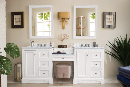 De Soto 82" Double Vanity Set, Bright White w/ Makeup Table, 3 CM Carrara Marble Top James Martin Vanities