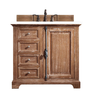 Providence 36" Single Vanity Cabinet, Driftwood, w/ 3 CM Classic White Quartz Top James Martin