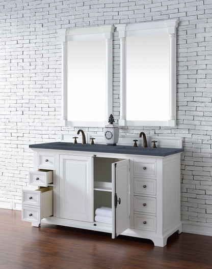 Providence 60" Double Vanity Cabinet, Bright White, w/ 3 CM Charcoal Soapstone Quartz Top James Martin