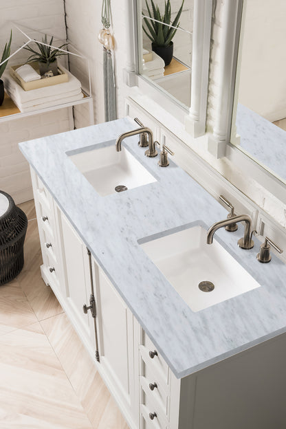 Providence 60" Bright White Double Vanity w/ 3 CM Carrara Marble Top James Martin