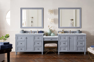 Copper Cove Encore 122" Double Vanity Set, Silver Gray w/ Makeup Table, 3 CM Carrara Marble Top James Martin Vanities