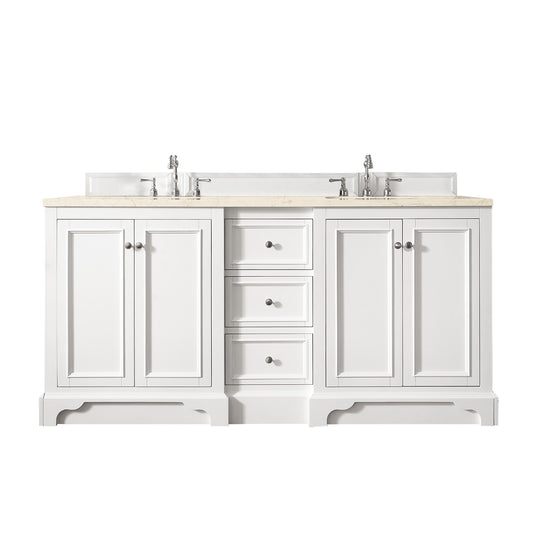 De Soto 72" Double Vanity, Bright White w/ 3 CM Eternal Marfil Quartz Top James Martin Vanities