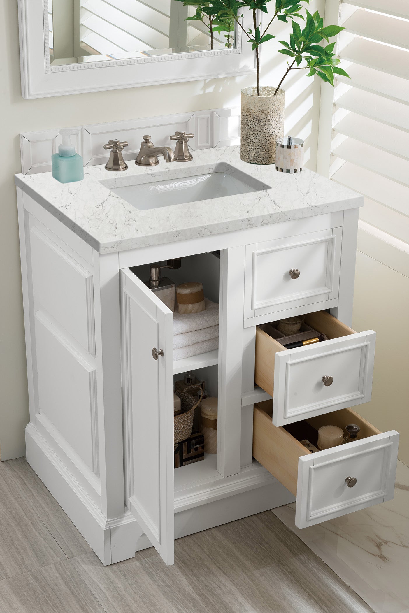 De Soto 30" Single Vanity, Bright White w/ 3 CM Eternal Jasmine Pearl Quartz Top James Martin Vanities