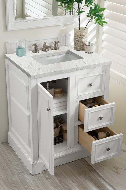 De Soto 30" Single Vanity, Bright White w/ 3 CM Eternal Jasmine Pearl Quartz Top James Martin Vanities