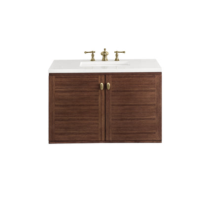 Amberly 36" Single Vanity, Mid-Century Walnut w/ 3CM White Zeus Top James Martin Vanities